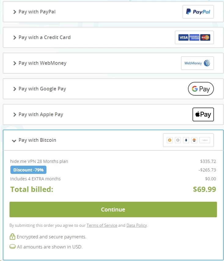 Hide me VPN crypto option