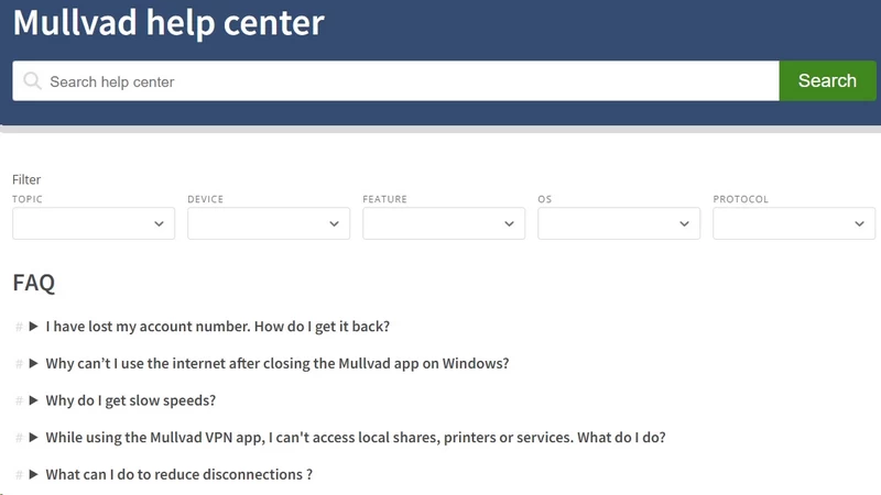 Mullvad VPN help center support page