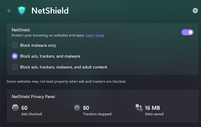 ProtonVPN NetShield settings