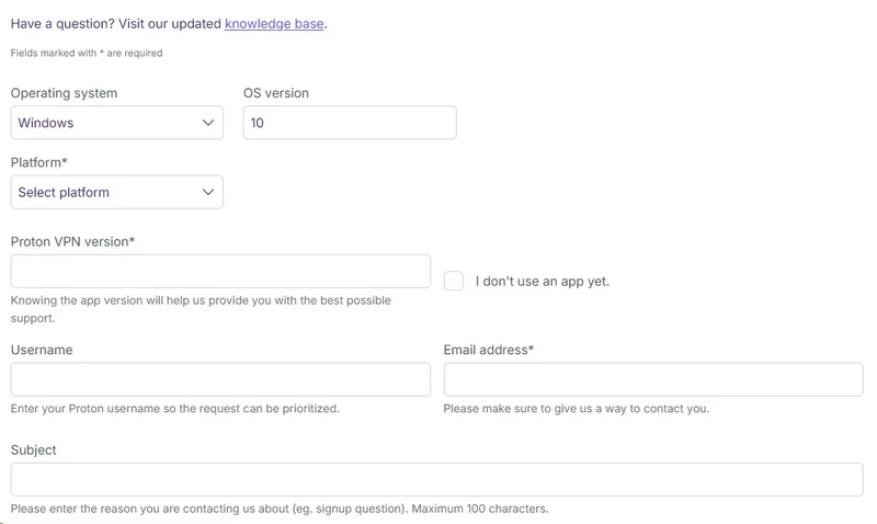 Proton VPN support form