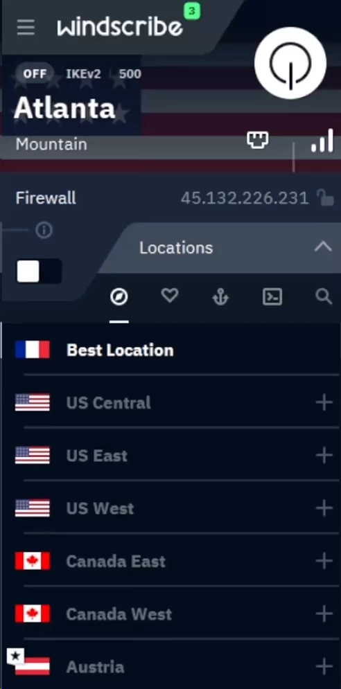 Windscribe VPN desktop app interface