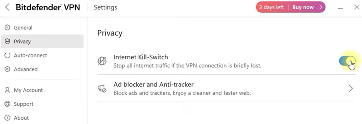 Bitdefender VPN enabling kill switch