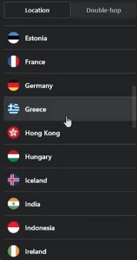 Bitdefender VPN server selection interface
