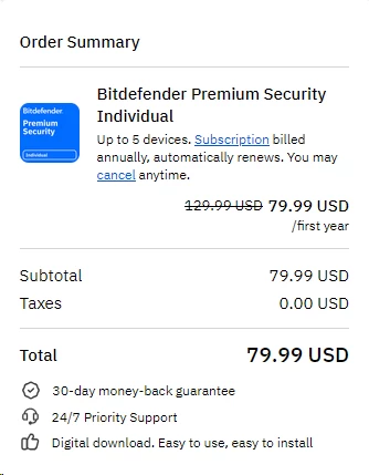 Bitdefender Premium Security Individual payment page