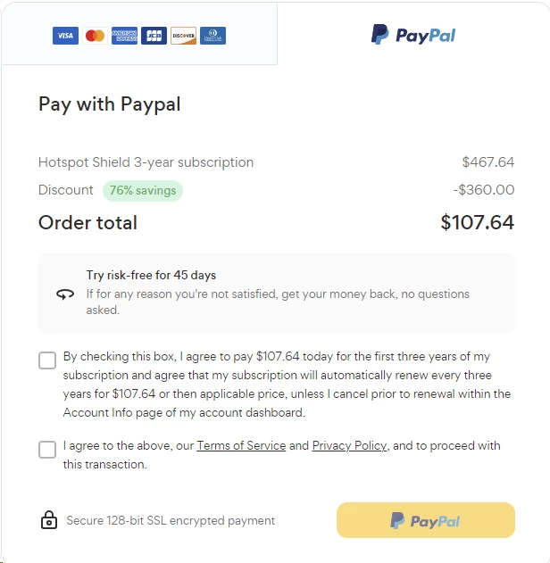 Hotspot Shield PayPal payment method interface