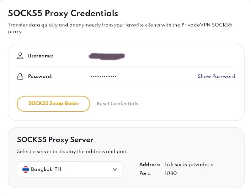 PrivadoVPN SOCKS5 proxy account credentials page