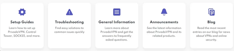 PrivadoVPN support page with help center