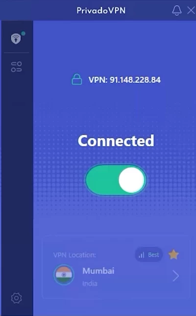 PrivadoVPN Windows application interface showing connection controls