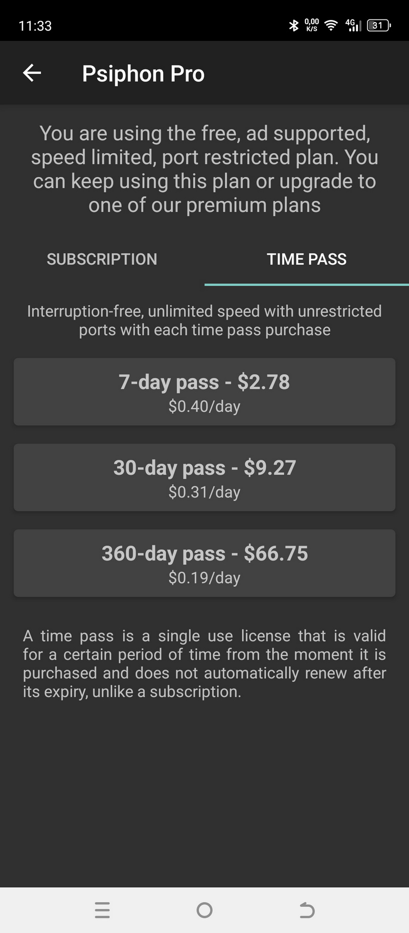 Psiphon VPN Android app pricing plans