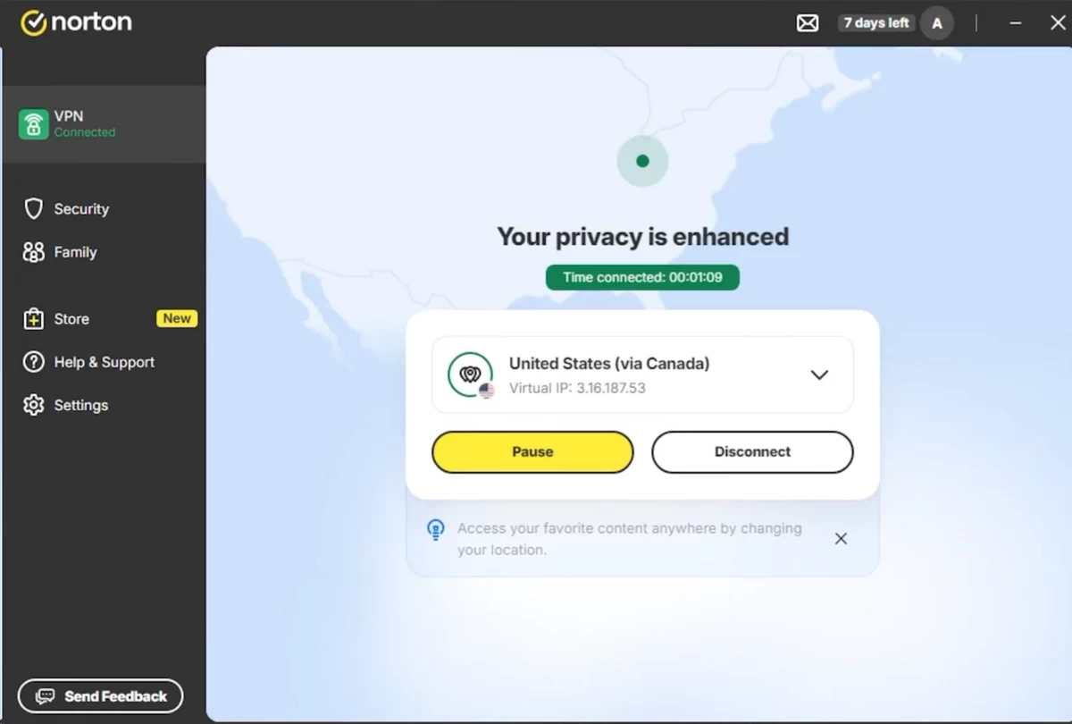 Norton VPN desktop app interface