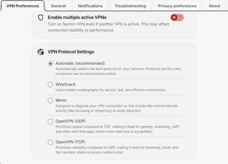 Norton VPN protocol selection settings