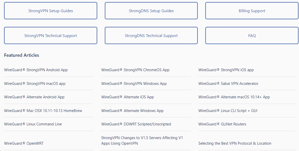 StrongVPN support page and help center