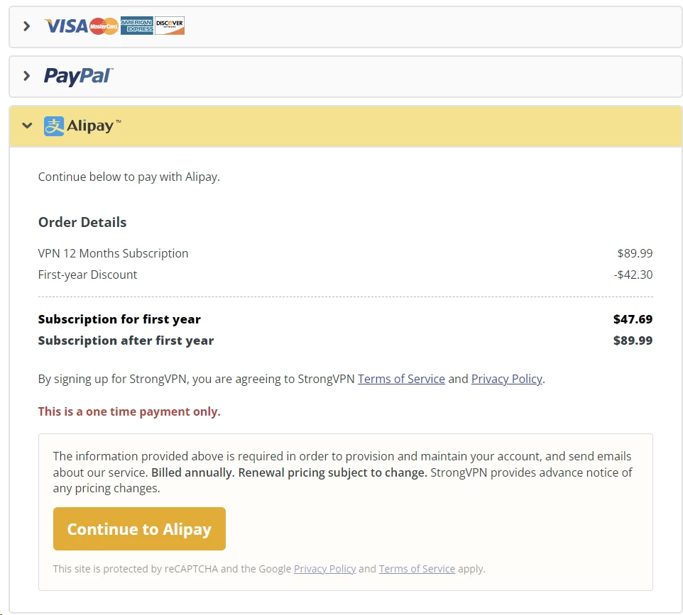 StrongVPN supported payment methods