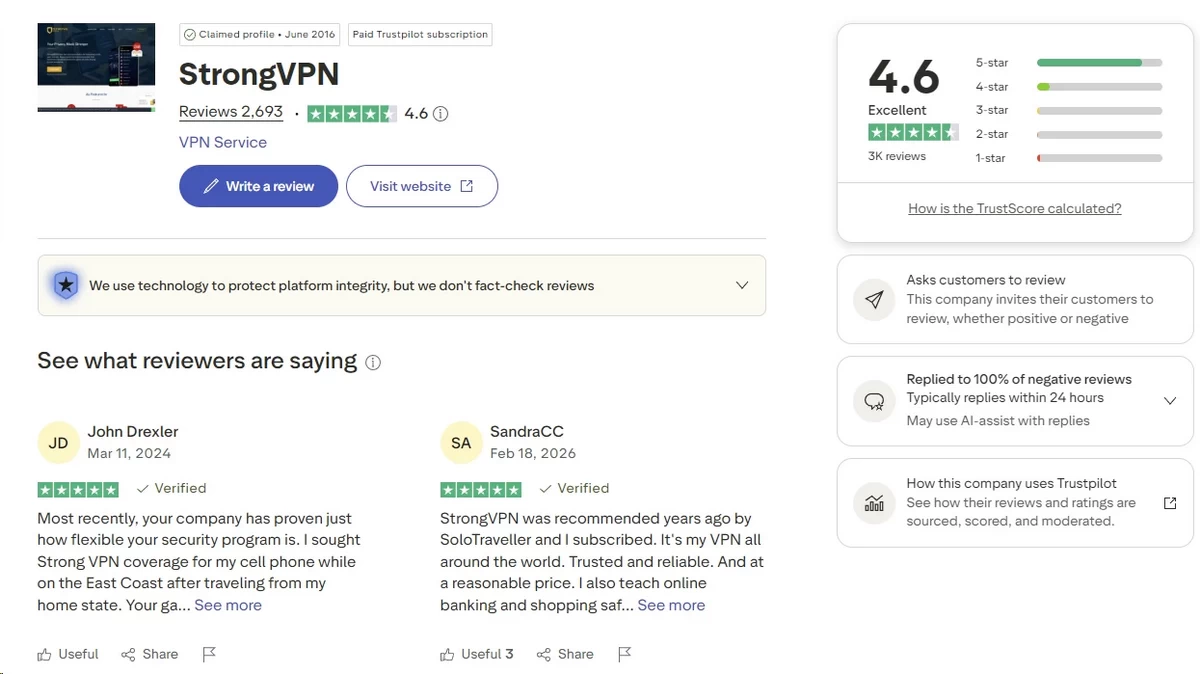StrongVPN Trustpilot reviews and rating