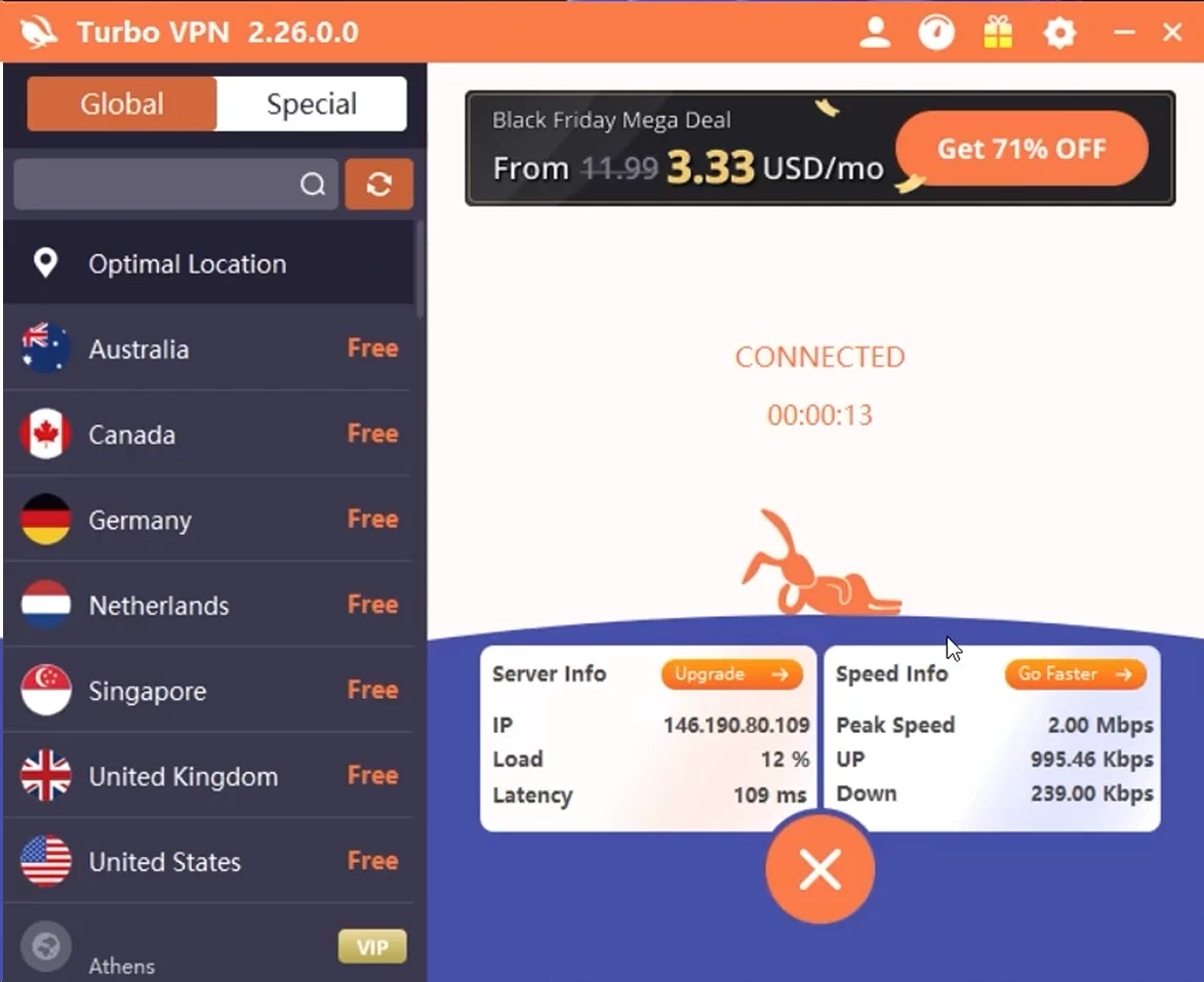 Turbo VPN Windows desktop interface