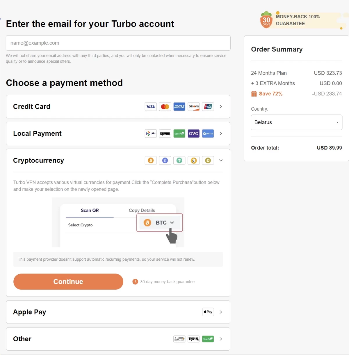 Turbo VPN supported payment methods