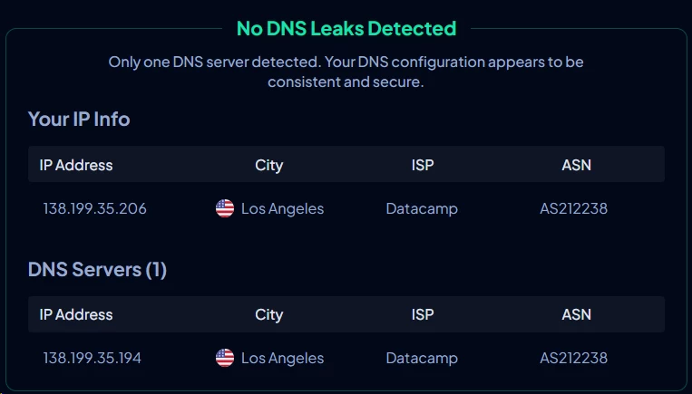 VeePN DNS leak test results