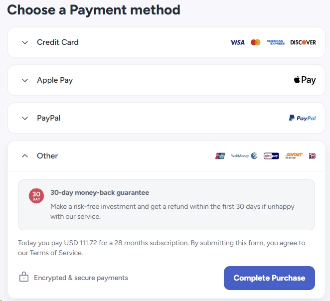 VeePN supported payment methods