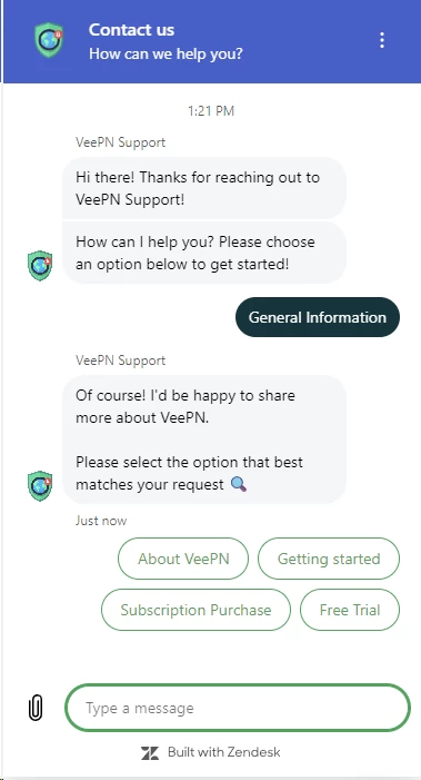 VeePN live chat support