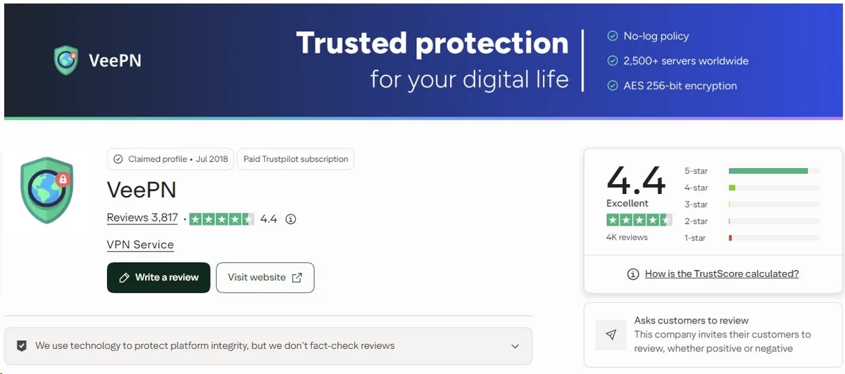 VeePN Trustpilot rating and reviews